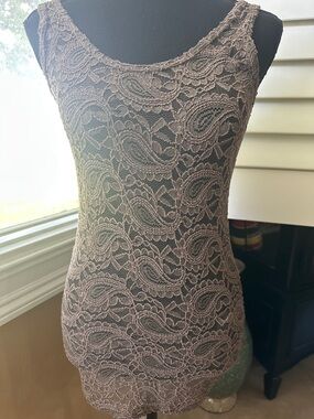 BKE Lace Overlay Sleeveless Tank Top in Taupe